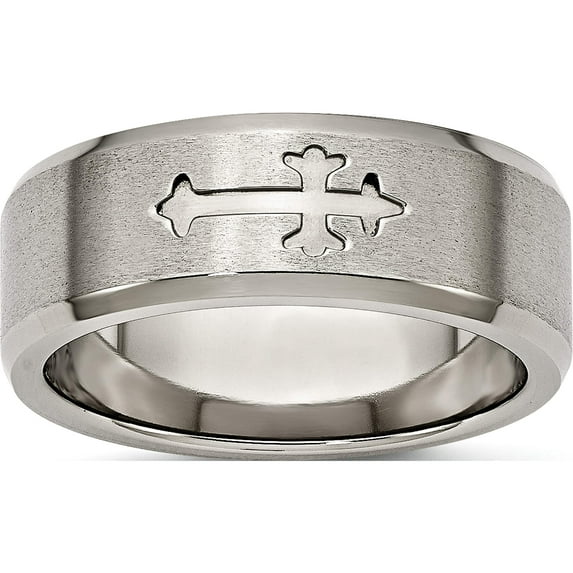 Titanium Brushed Center Cross Design 8mm Beveled Edge Band (Size 10.5) Made In China tb335-10.5