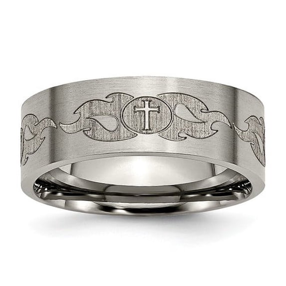 Titanium Brushed Cross With Flames Laser Design 8mm Flat Band (Size 12.5) Made In China tb33s-12.5