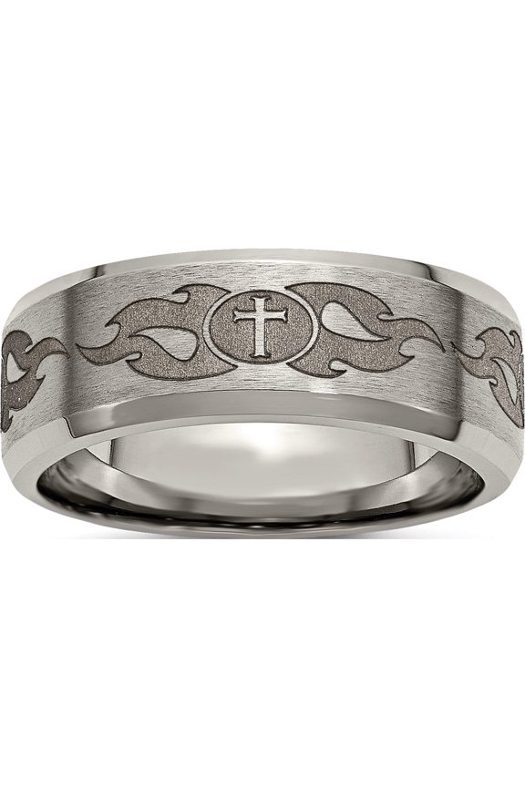 Titanium Brushed & Polished Cross Laser Design 8mm Beveled Edge Band (Size 11) Made In China tb115s-11