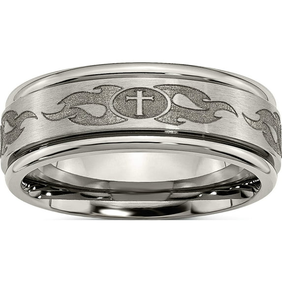 Titanium Brushed & Polished Cross Laser Design 8mm Ridged Edge Band (Size 9.5) Made In China tb11s-9.5