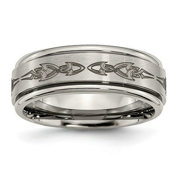 Titanium Brushed & Polished Laser Design 8mm Ridged Edge Band (Size 12) Made In China tb11c-12