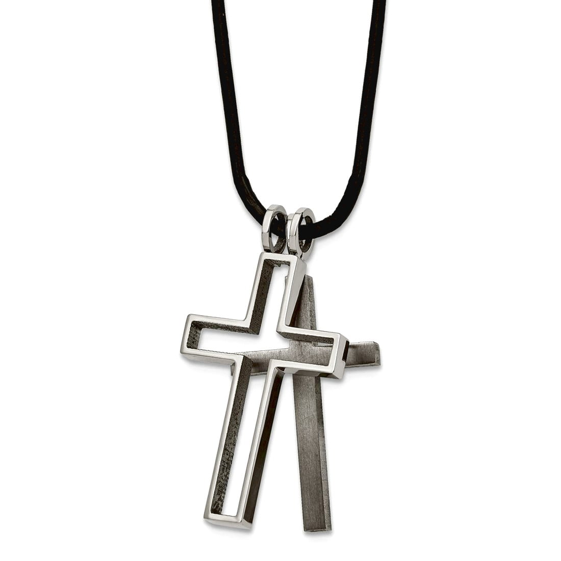 Titanium Brushed Polished Moveable Fancy Lobster Closure Leather Cord Religious Faith Cross Necklace 18 Inch 18mm Wide P