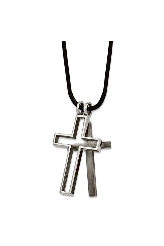 Titanium Brushed Polished Moveable Fancy Lobster Closure Leather Cord Religious Faith Cross Necklace 18 Inch 18mm Wide P