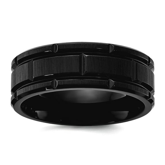Titanium Brushed and Polished Black Ip Plated Notched 8mm Band Size 10 Ring for Women and Men