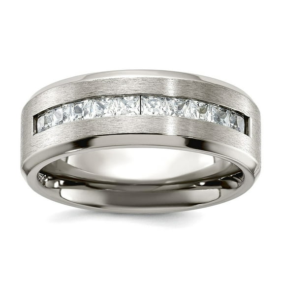 Titanium Brushed and Polished With Cubic Zirconia 8mm Band Size 8.5 Ring for Women and Men