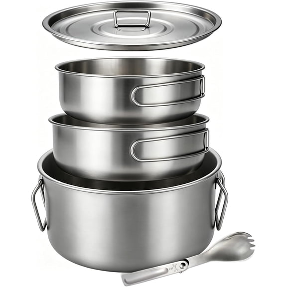 Titanium Camping Cookware 2200ml+1200ml+700ml Titanium Pot with Lid and Stainless steel spatula, Compact Backpacking and Travel Kitchenware for Camping, Hiking and Fishing