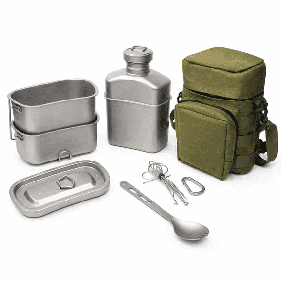 Titanium Camping Mess Kit with Storage Bag, 7-Piece Outdoor Cookware Set