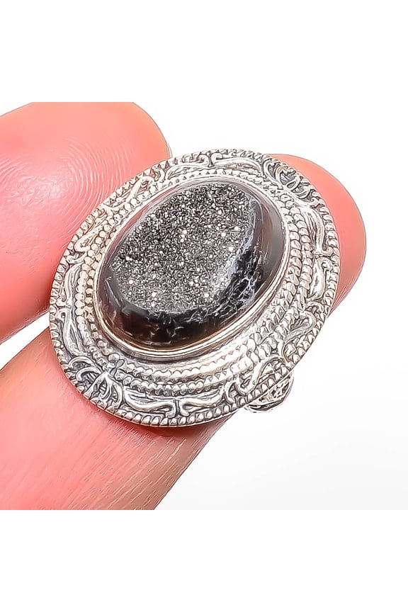 Titanium Carbon Agate Drusy 925 Sterling Silver Boho Ring s.7.5 T14, Christmas Gift, Gemstone Silver Jewelry, Drusy Quartz Ring, New Year Sale