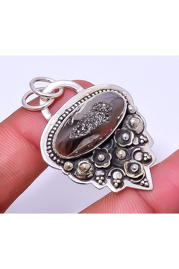 Titanium Carbon Agate Drusy Gemstone 925 Sterling Silver Bali Pendant 1.76" A353, Beautiful Jewelry For Woman, New Year Sale, Valentin's Day Gift