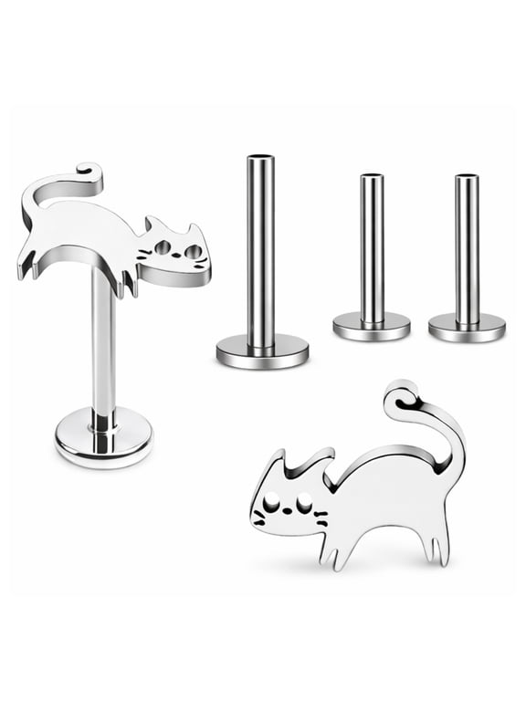 Titanium Cat Flat Back Earrings Kitty Stud Earrings for Women, Body Jewelry, G23 Conch Helix Tragus Labret Lip Piercing 6Pc