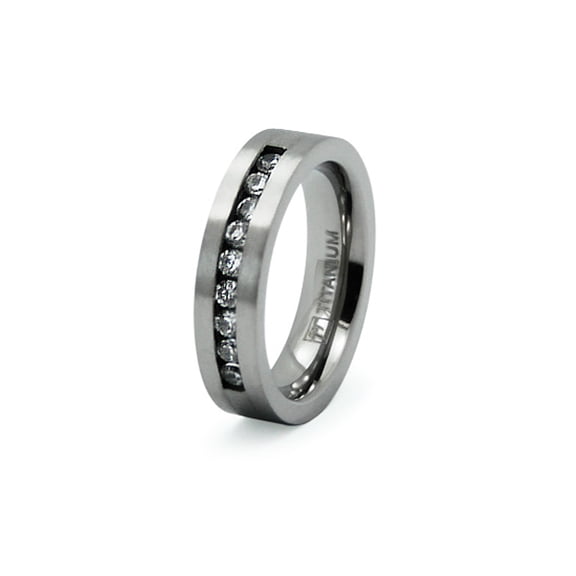 Tioneer Titanium Channel Setting Cubic Zirconia Flat Top Wedding Band Ring