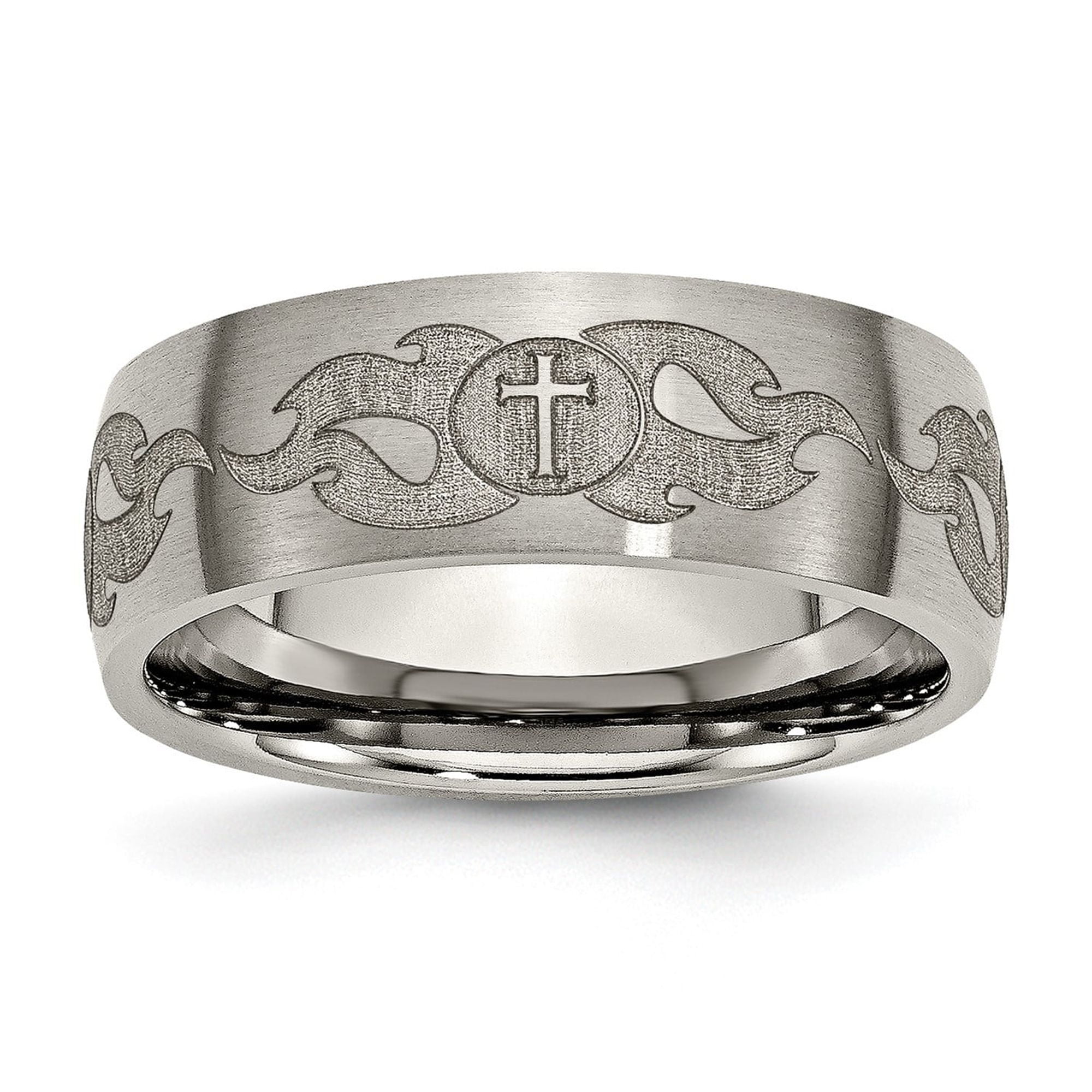 Titanium Christian Cross Ring for Men with Tribal Flame Design, Brushed ...