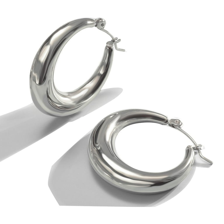Titanium Chunky Huggie Hoop Moon Shape Earrings Cilck Top Thick