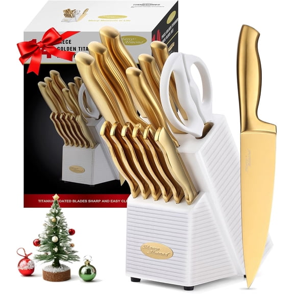 Titanium Coated 14 Pieces Stainless Steel Chef Gold Kitchen Knife Sets with White Block MA21