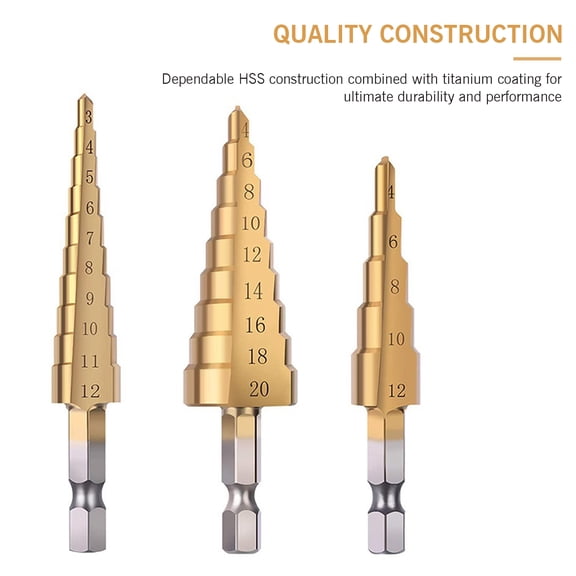 Titanium Coated HSS Step Drill Bit Set with Automatic Center Punch - 4 Piece Set for Metal, Wood, Plastic