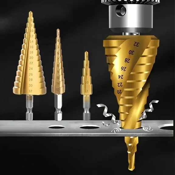 Titanium Coated High Speed Steel Step Drill Bit Set, 3-Piece Multi-Size Cone Drill Bits with Hex Shank for DIY Drilling
