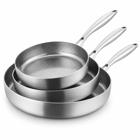 Titanium-Coated Stainless Steel Frying Pan Set, 3-Piece 8, 9.5 & 11 Inch Hammered Skillets, 5-Layer Cookware with Ergonomic Handles, Induction & Gas Compatible