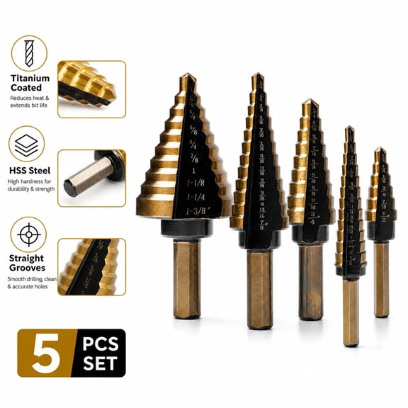 Titanium Coated Step Drill Bit Set 5-Piece HSS Unibit with Straight Grooves for Drilling Metal, Wood & Plastic
