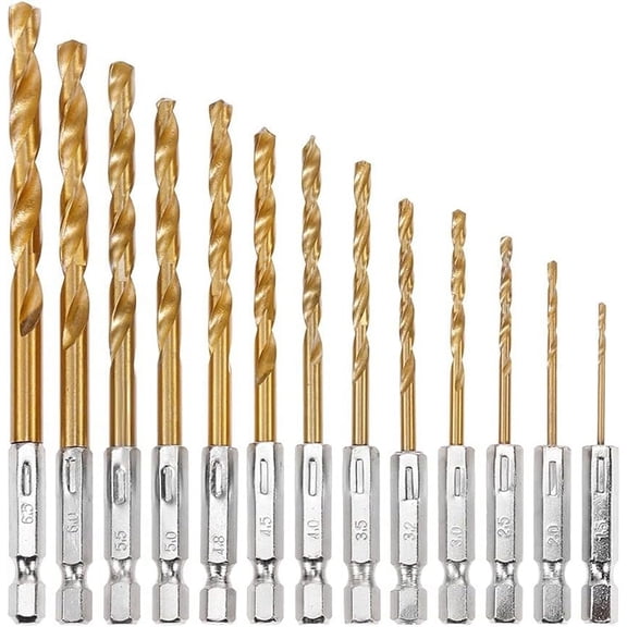 Titanium Coated Twist Drill Bit Set, Hex Shank For Quick Change, High Speed Steel Drill Bits Ideal For Woodworking And Plastic Drilling, 13PCS Variety Included