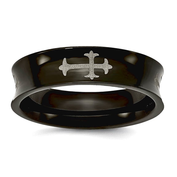 Titanium Concave Polished Religious Faith Crosses and Black Plated 6mm Band Ring Size 8.5 Ring for Women and Men