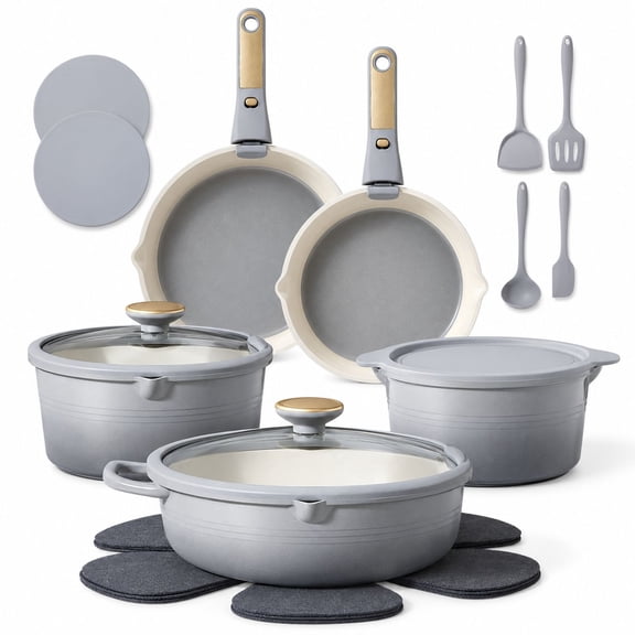 Titanium Cookware Set with Detachable Handle, 20pcs, Gradient Grey, Aluminum and Titanium, Nonstick Pots and Pans for Kitchen, RV, and Camping