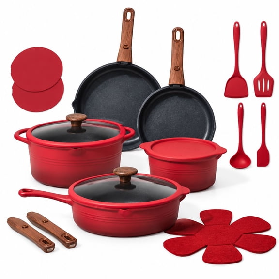Titanium Cookware Set with Detachable Handles, 20pcs, Gradient Red, Aluminum and Titanium, Induction Compatible Pots and Pans Set