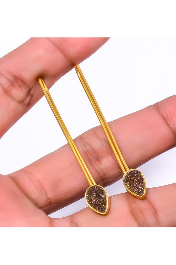 Titanium Copper Agate Drusy 925 Silver Plated Gold Plated Earring 1.95" E17-17, Valentine's Day Gift, Birthday Gift, Beautiful Jewelry For Woman
