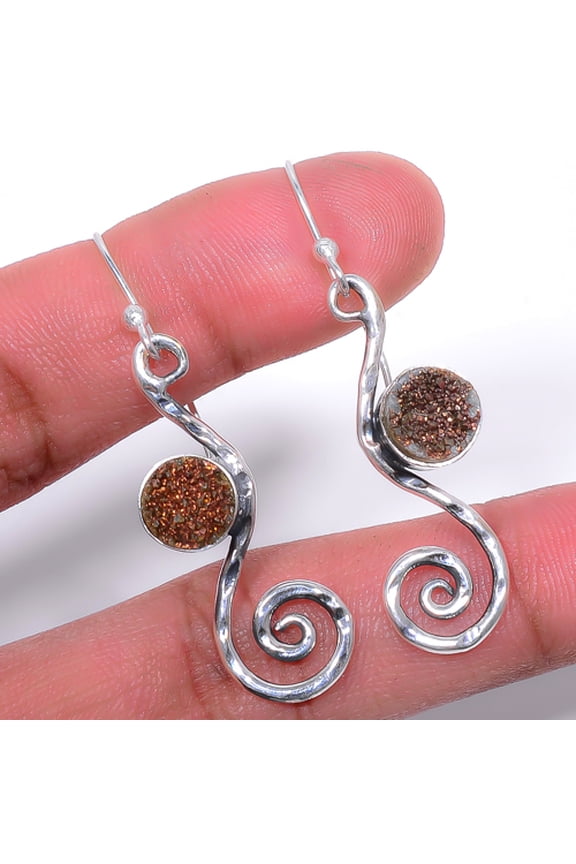 Titanium Copper Agate Drusy 925 Sterling Silver Israeli Earring 1.95" S261, Handmade Jewelry, Dangle Earring