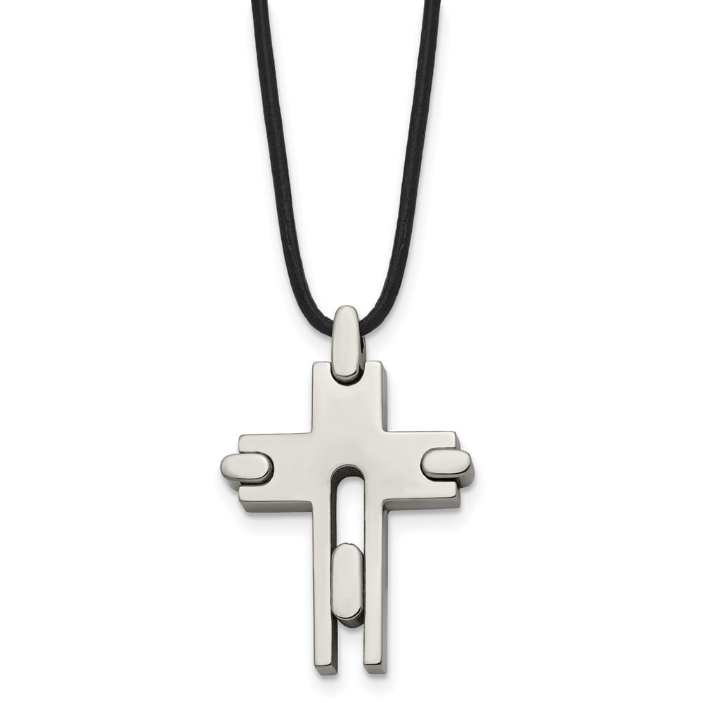 Titanium Cord Necklace with Pendants Chain Chisel Polished Cross Leather 18 inch 24 mm