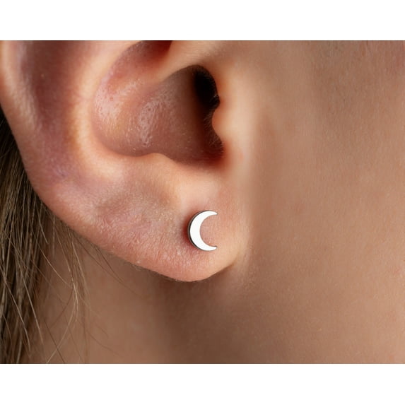 Titanium Crescent Moon Labret Stud, Threadless Flatback Tragus Earring (Pair) - Hypoallergenic Push In Jewelry for Cartilage, Conch, and Helix Piercings