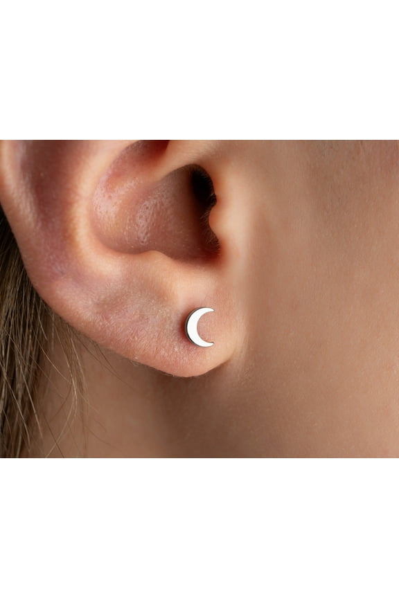 Titanium Crescent Moon Labret Stud, Threadless Flatback Tragus Earring (Pair) - Hypoallergenic Push In Jewelry for Cartilage, Conch, and Helix Piercings