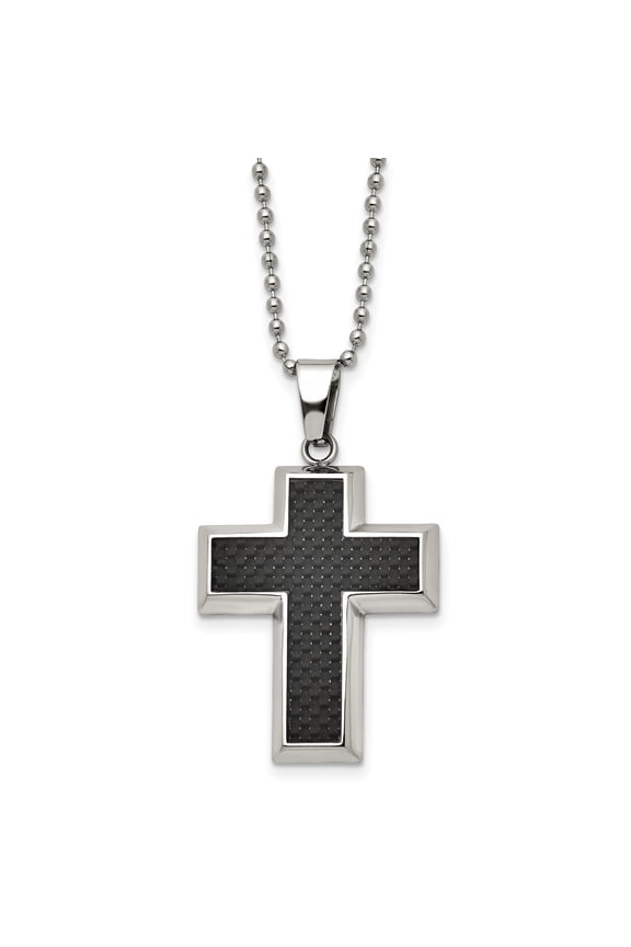 Titanium Cross Pendant Necklace with Black Carbon Fiber Inlay, 22 in Chain for Men