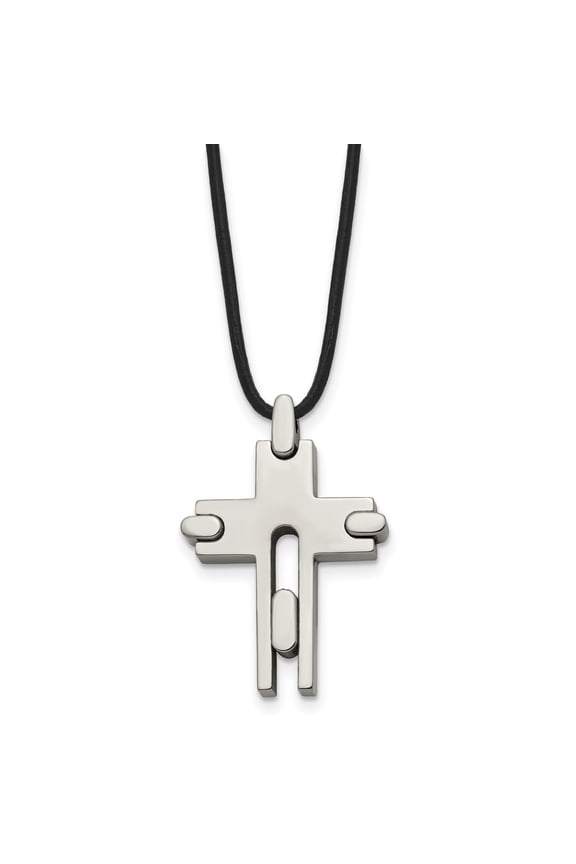 Titanium Cross Necklace for Men and Women with Abstract Spirit Design, Polished Religious Pendant on Black Cord, Modern Christian Faith Jewelry