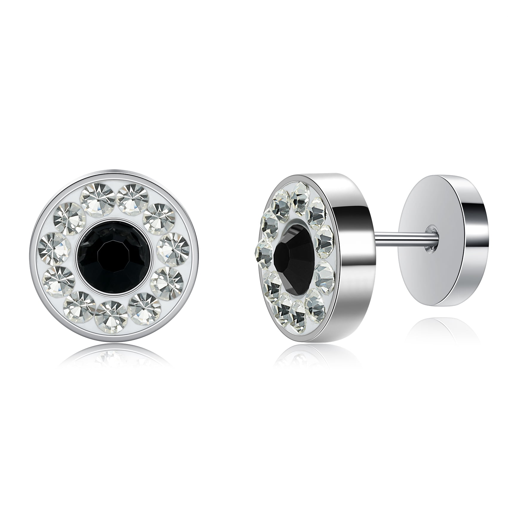 Titanium Cubic Zirconia White Gold Plated Screw Flat Back Stud Earrings