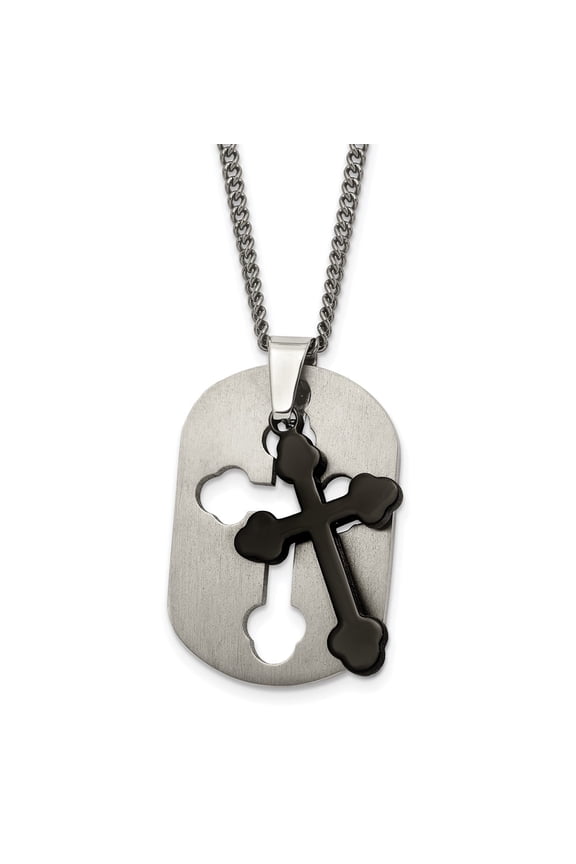 Titanium Curb Necklace with Pendants Chain Chisel Brushed Black IP-plated Moveable Cross 22 inch