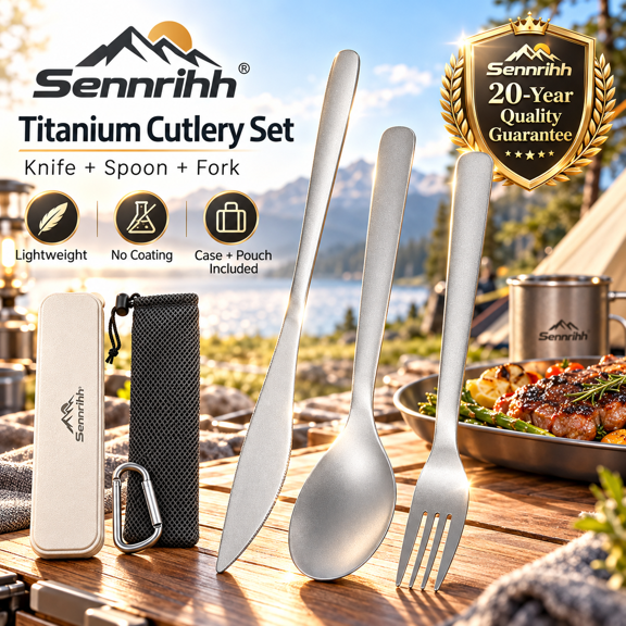 Titanium Cutlery Set, 3-Piece Knife Fork Spoon with Case & Pouch, Lightweight Travel Camping Utensils for Backpacking, Hiking, Picnic & Lunch