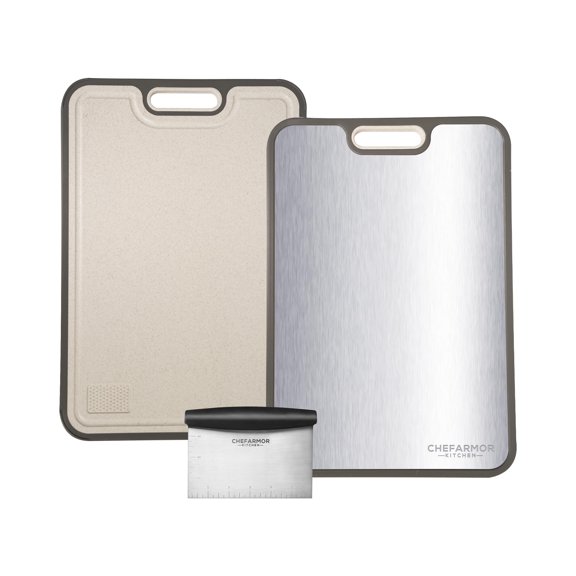 Titanium Cutting Board with Dough Scraper Double-Sided Food Grade Non-Slip Cutting Board, Wheat Straw PP Surface, Rust-Resistant, Knife-Friendly for Meat & Veggies