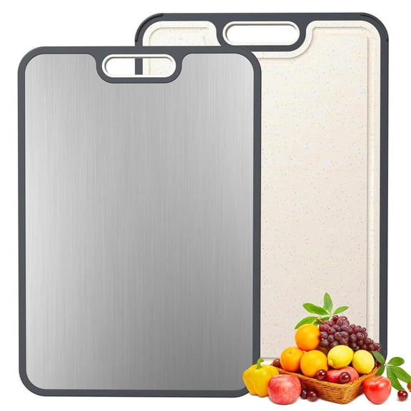 Titanium Cutting Board for Kitchen, 2-in-1 Double Sided Food Grade (15”×10.3”), Pure Titanium & PP, Easy to Clean with Juice Groove & Garlic Grinding Area