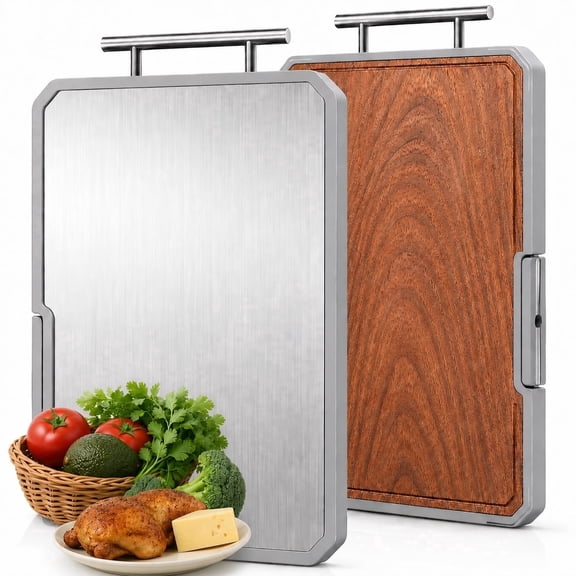 Titanium Cutting Board for Kitchen, Dual-Sided Titanium & Ebony Wood Chopping Board with Juice Groove, Knife Sharpener, Stand & Handle, Easy Clean Cutting Board for Meat, Vegetables & Charcuterie