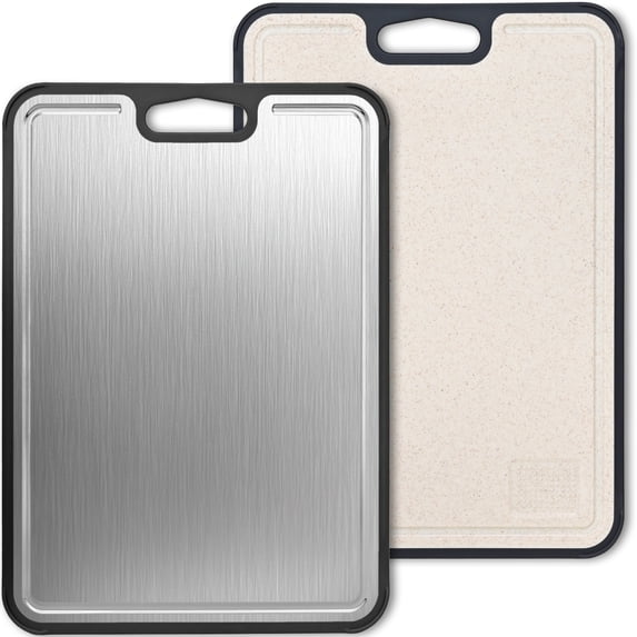 TINANA Double-Sided Titanium Cutting Board Set, Stainless Steel and Wheat Straw PP, Non-Slip, Juice Groove, Dishwasher Safe Kitchen Cutting Board