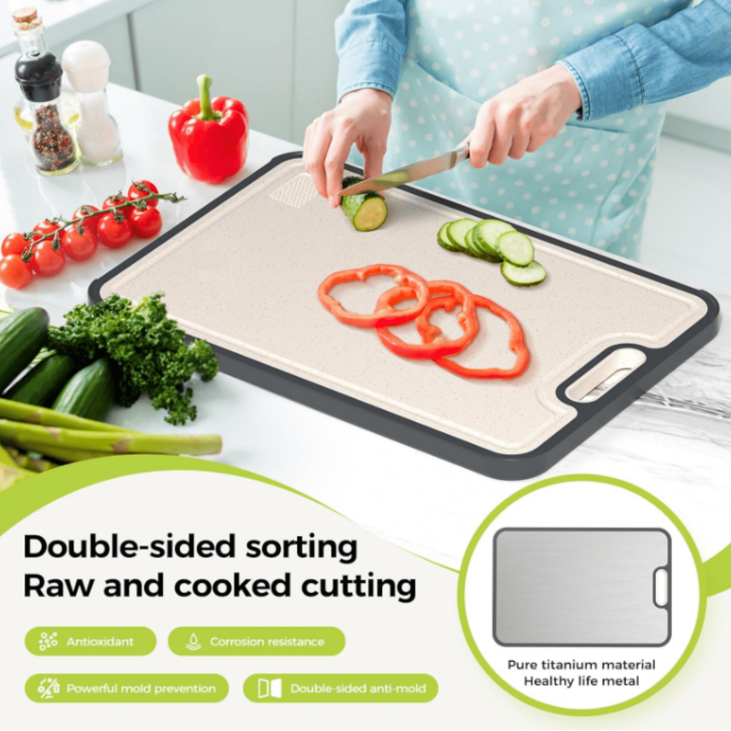 Titanium Cutting Board for Kitchen, Cutting Board Double Sided Food Grade, Pure Titanium/PP, Easy to Clean Large Size 16”×11”