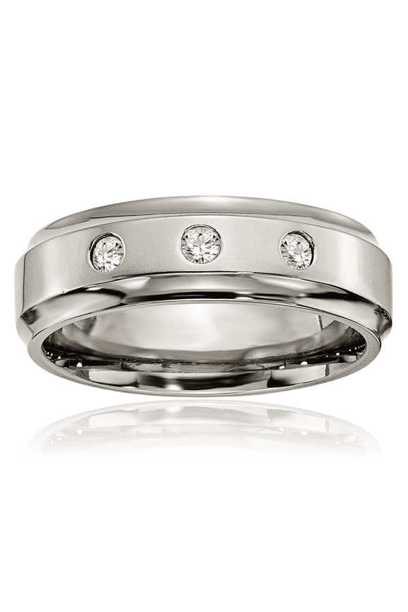 Titanium 0.20 carat Diamond Wide Ridged Edge Wedding Ring - 7mm Band - Round Cut, Natural, Bezel Set, Engravable - Matte Men's