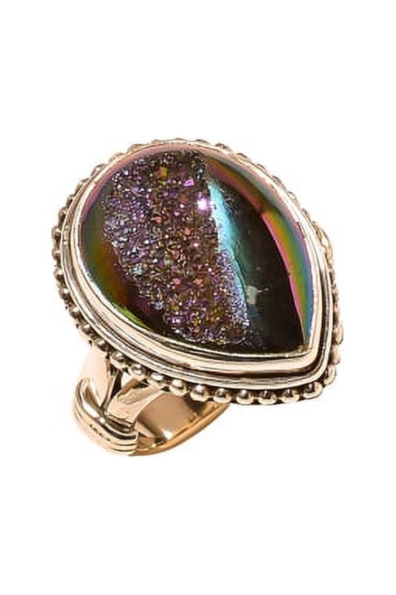 Titanium Drusy Solid 925 Sterling Silver Ring Size 9, Purple Gemstone Ring, Pear Drusy Quartz Ring, Handmade Ring, Natural Ring