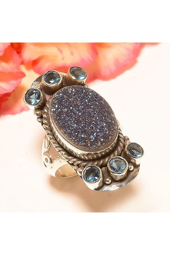 Titanium Drusy & Tanzanite Quartz 925 Sterling Silver Handmade Ring 7 (1201), Christmas Gift, Gemstone Silver Jewelry, Drusy Ring, New Year Sale