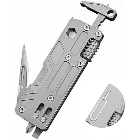 Titanium EDC Multitool 9-in-1 - Car Window Breaker, Wrench, Screwdriver, Vernier Caliper, Cross/Flat Screwdriver & Folding Knife | Lightweight (0.1LB) Gift for Men, Camping & Emergency Tool