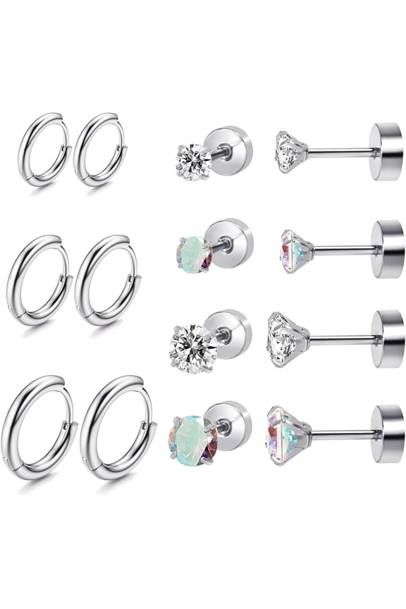 Titanium Earrings For Sensitive Ears, Flat Back Stud Earrings Hoop Earrings Set For Women, Hypoallergenic Surgical Stainless Steel Cubic Zirconia Earrings Stud Earrings Set For Cartilage Hel[Z3165]