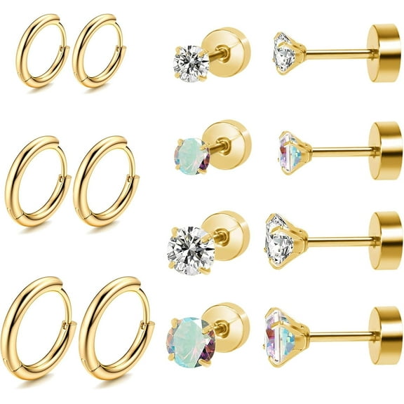 Titanium Earrings for Sensitive Ears, Flat Back Stud Earrings Hoop Earrings Set for Women, Hypoallergenic Surgical Stainless Steel Cubic Zirconia Earrings Stud Earrings Set 7 Pairs