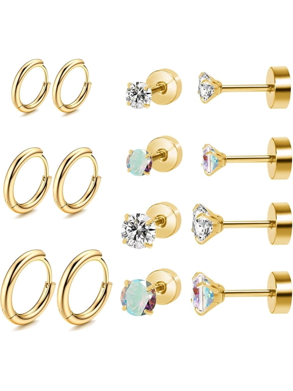Titanium Earrings for Sensitive Ears, Flat Back Stud Earrings Hoop Earrings Set for Women, Hypoallergenic Surgical Stainless Steel Cubic Zirconia Earrings Stud Earrings Set 7 Pairs