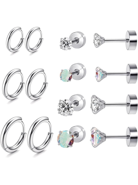 Titanium Earrings for Sensitive Ears, Flat Back Stud Earrings Hoop Earrings Set for Women, Hypoallergenic Surgical Stainless Steel Cubic Zirconia Earrings Stud Earrings Set 7 Pairs