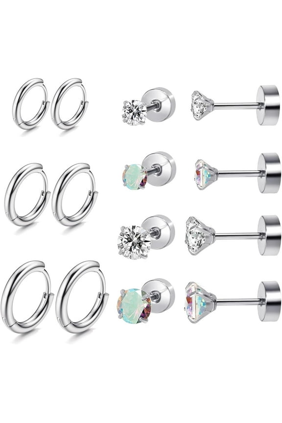 Titanium Earrings for Sensitive Ears, Flat Back Stud Earrings Hoop Earrings Set for Women, Hypoallergenic Surgical Stainless Steel Cubic Zirconia Earrings Stud Earrings Set 7 Pairs